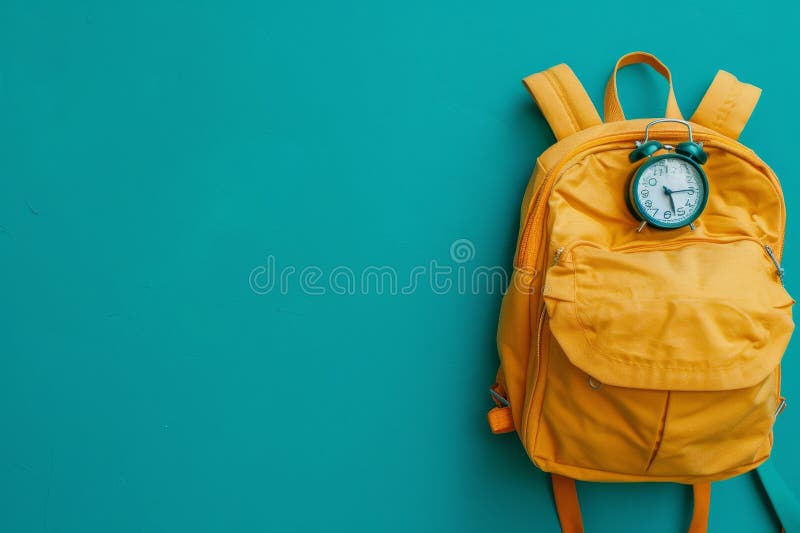 style yellow backpack with alarm clock and school supplies - back to school concept, Generated by AI. style yellow backpack with alarm clock and school supplies - back to school concept, Generated by AI