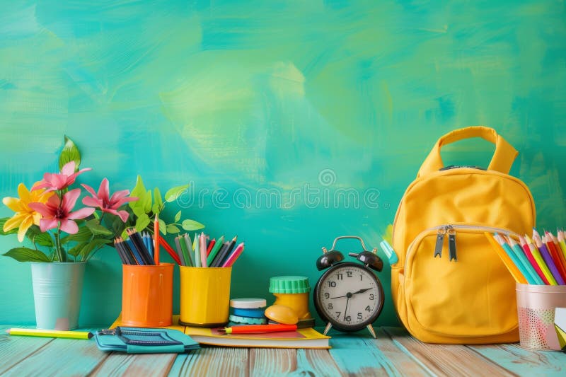 backpack with alarm clock and school supplies, back to school concept, Generated by AI. backpack with alarm clock and school supplies, back to school concept, Generated by AI