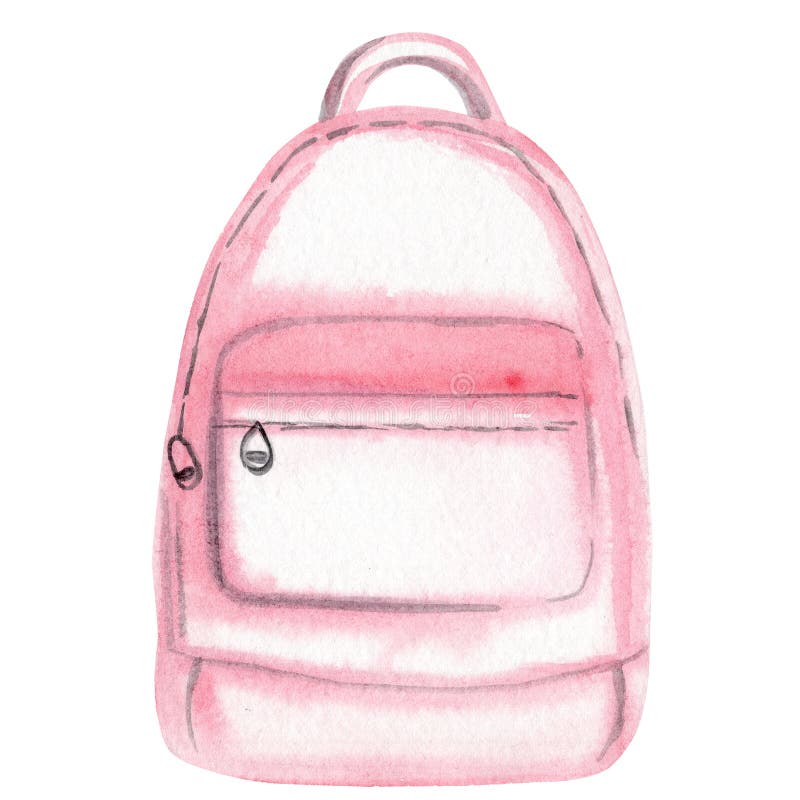 Mochila de escuela rosa dibujada a mano de color de agua aislada en fondo blanco