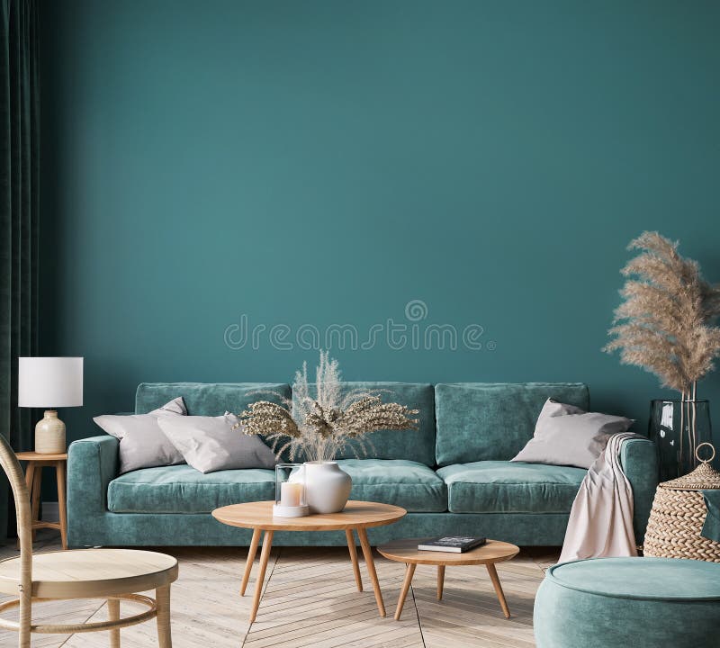 Home interior mock-up with green sofa, wooden table and trendy decoration in green living room, 3d render. Home interior mock-up with green sofa, wooden table and trendy decoration in green living room, 3d render