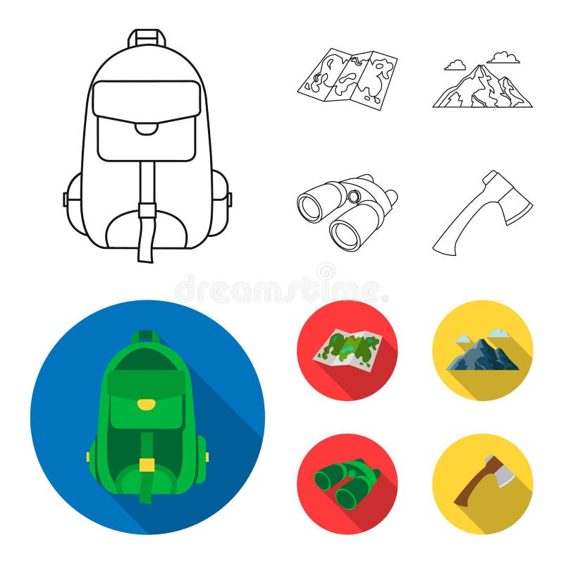 Mochila, montañas, mapa del área, prismáticos Iconos determinados de la colección que acampan en el esquema, acción plana del sím libre illustration Mochila, montañas, mapa del área, prismáticos Iconos determinados de la colección que acampan en el esquema, acción plana del sím libre illustration