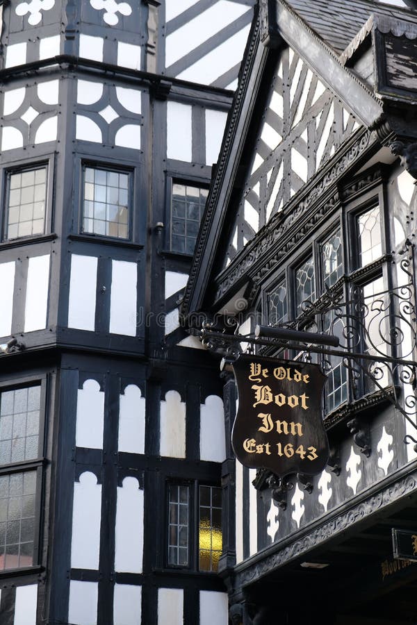 Close-up of the Ye Olde Boot Inn, a mock Tudor buildings in Chester,UK. Close-up of the Ye Olde Boot Inn, a mock Tudor buildings in Chester,UK