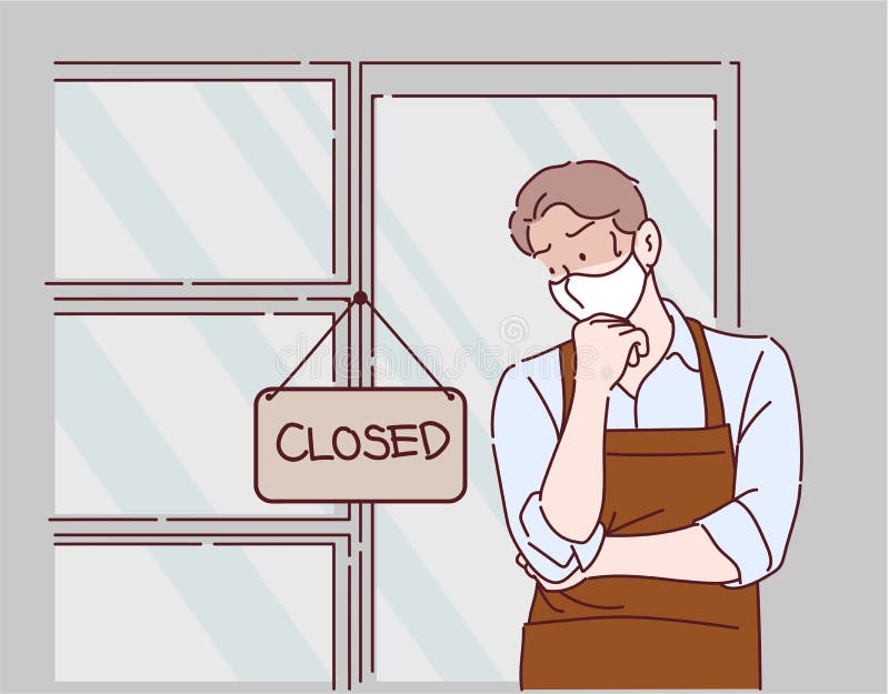 Businessman has sad mood with closed sign board hanging on the door of cafe because due to viral infection royalty free illustration