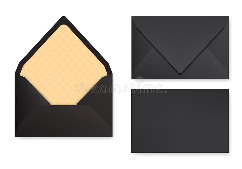 Mock-up of black designed envelope. Front view, closed and opened back side. stock illustration