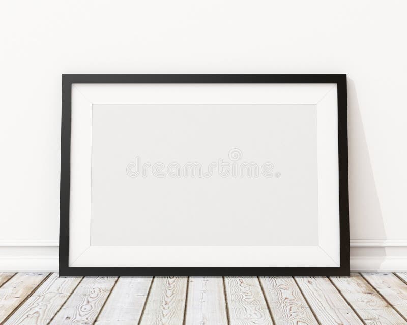 Mock up blank black horizontal picture frame on the wall and the floor stock illustration