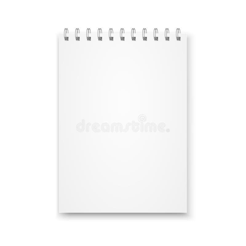 Mock up blank notebook with metal spiral template isolated on white background. Realistic vector illustration.