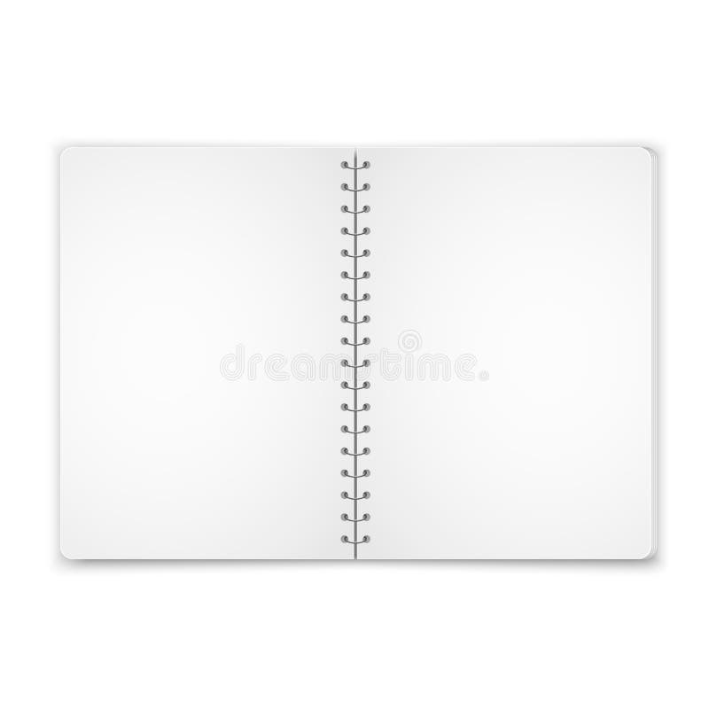 Mock up blank open notebook with metal spiral template isolated on white background. Realistic vector illustration. royalty free illustration Mock up blank open notebook with metal spiral template isolated on white background. Realistic vector illustration. royalty free illustration