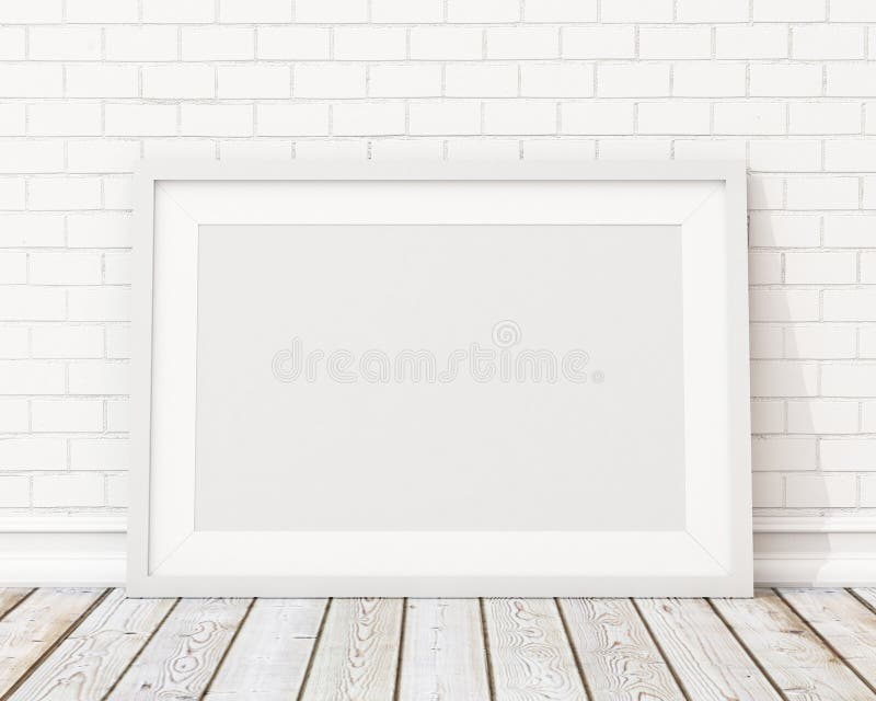 Blank white horizontal picture frame on the white brick wall and the vintage floor, template design. Blank white horizontal picture frame on the white brick wall and the vintage floor, template design