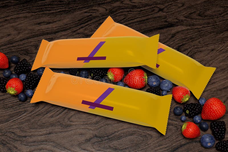 Download Mock Up Of A Cereal Bar Packaging On A Concrete Background With Red Fruits - 3d Rendering Stock ...