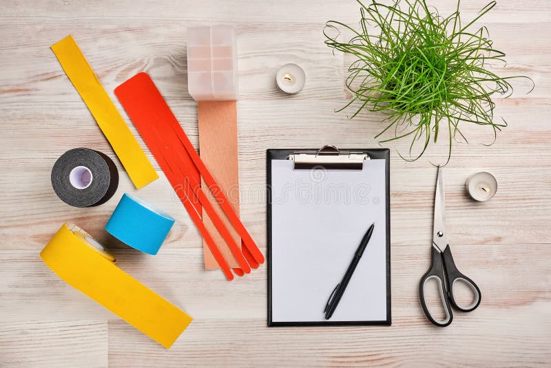 Download Mock Up With Clipboard, Rolls Of Colored Kinesio Tape, Plant, Scissors And Other Medical Tools ...