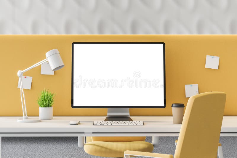 Mock Up Computer Screen In White And Yellow Office Stock Illustration