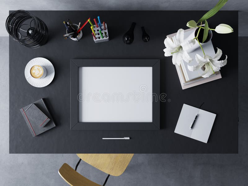Mock up design template to showcase artwork of empty poster in modern workspace in horizontal frame resting on a black table stock illustration