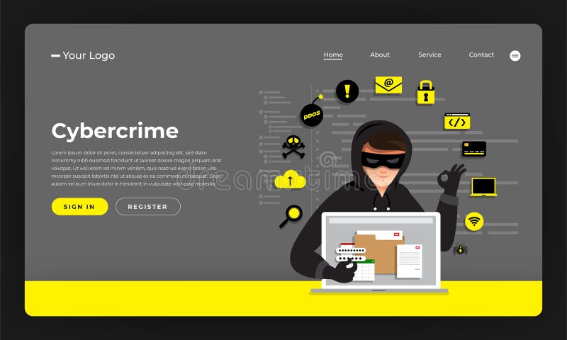 Mock-up design website flat design concept hacker activity cybercrime and cyber thief. Vector illustration. stock illustration Mock-up design website flat design concept hacker activity cybercrime and cyber thief. Vector illustration. stock illustration