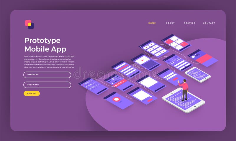 Mock-up design website flat design concept landing page prototype mobile application wireframe screen on smartphone. Vector illustration.