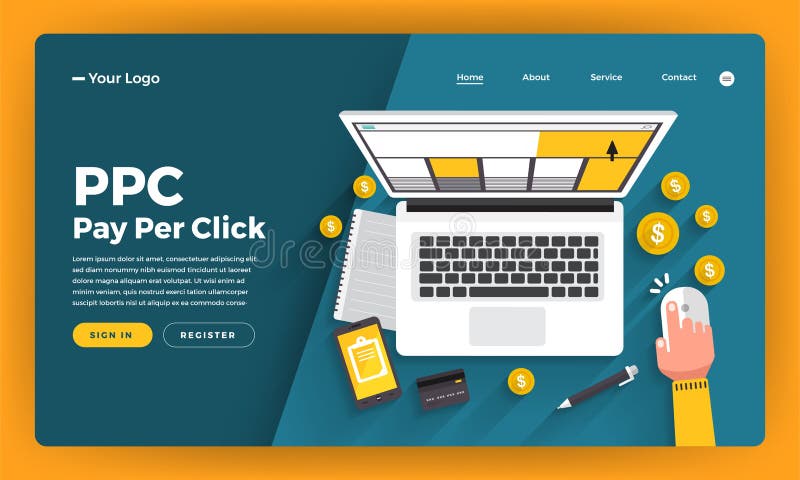 Mock-up design website flat design concept PPC pay per click. Vector illustration. stock illustration