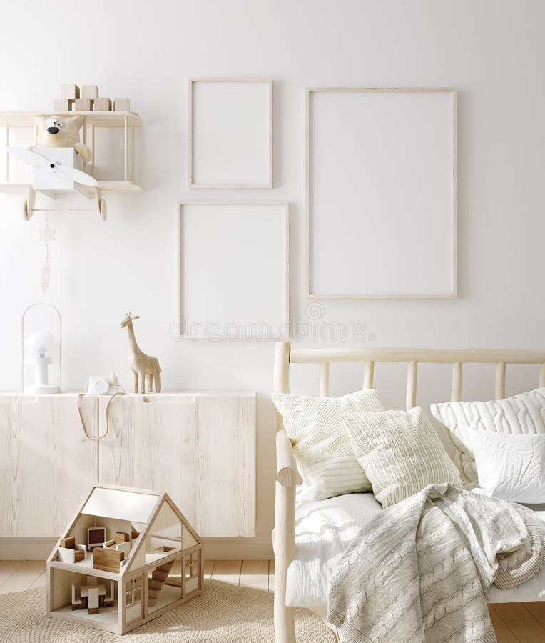 Mock up frame in children room with natural wooden furniture, Scandinavian style interior background