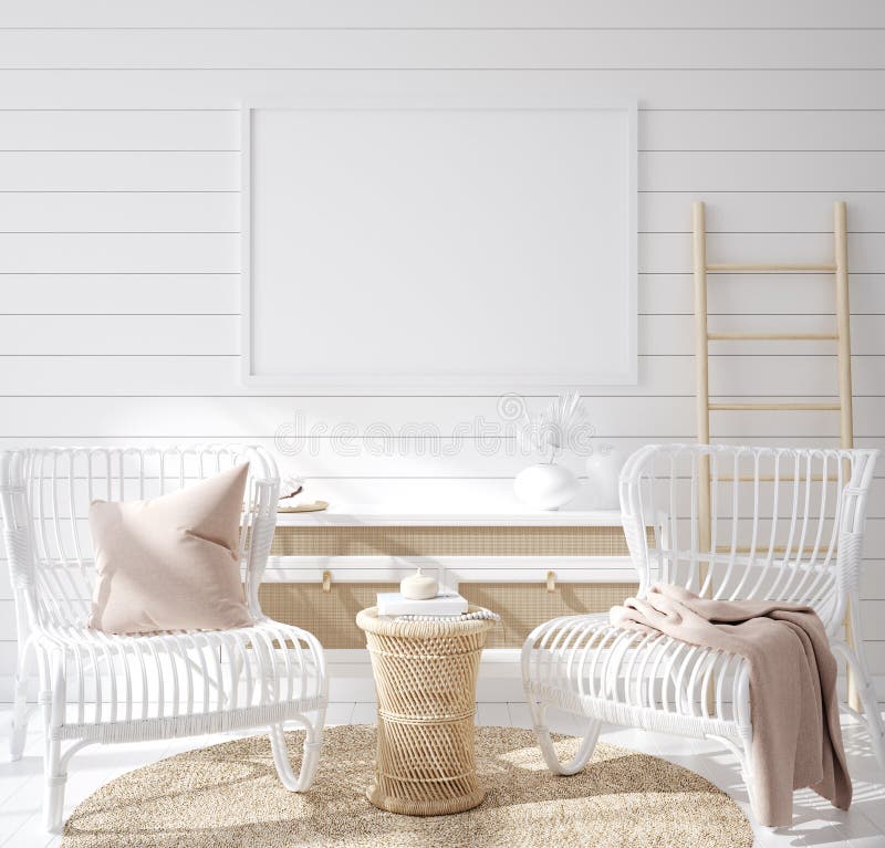 Mock up frame in cozy coastal home interior background stock image