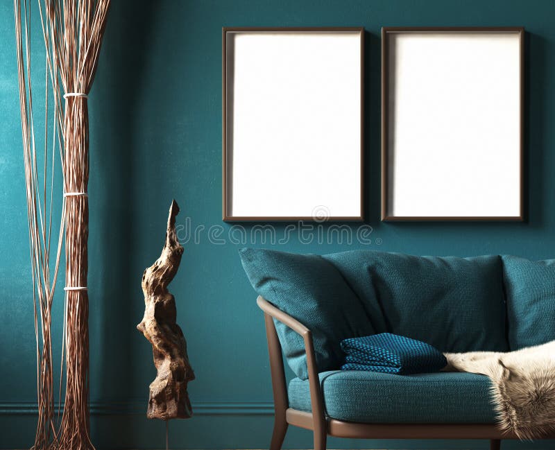 Mock-up frame in dark green home interior with sofa, fur, rope curtains and branch sculpture