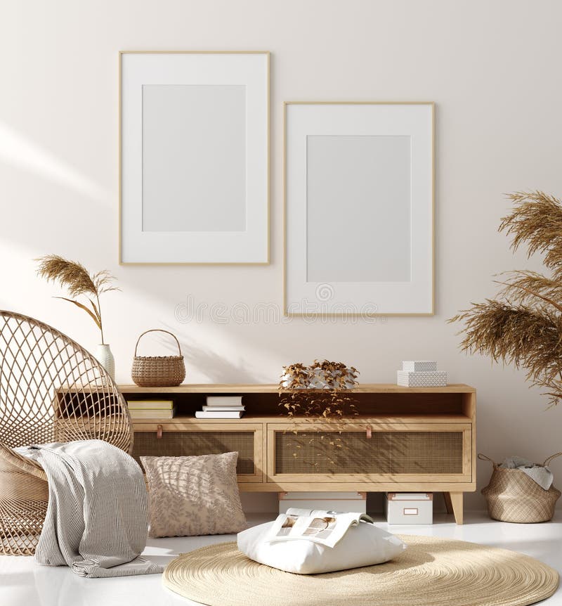 Mock up frame in home interior background, beige room with natural wooden furniture, Scandinavian style