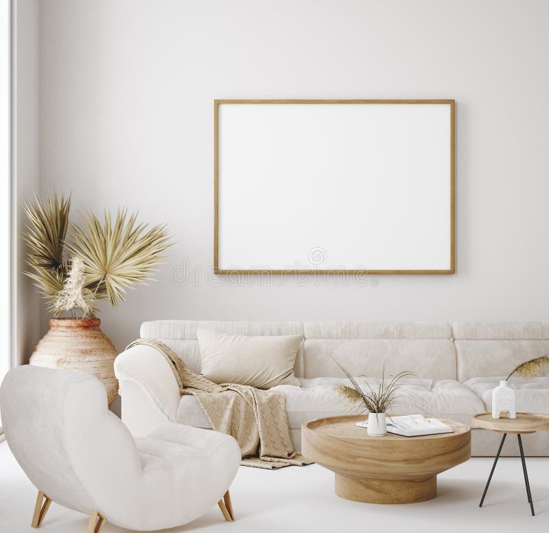 Mock up frame in home interior background, beige room in Scandi-Boho style