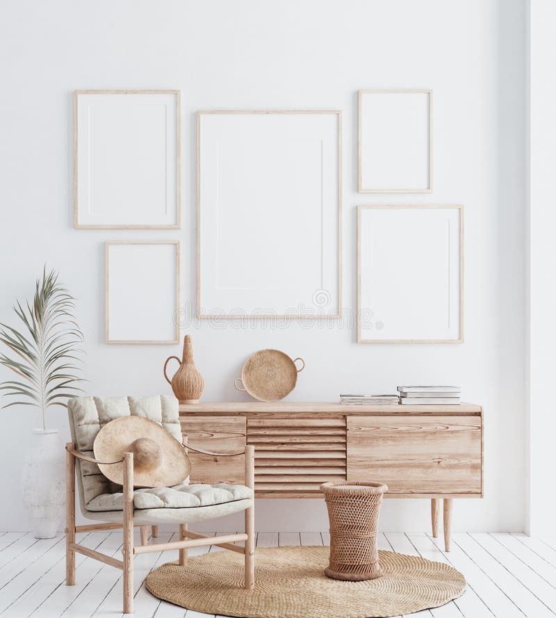 Mock up frame in home interior background, white room with natural wooden furniture, Scandi-Boho style, 3d render