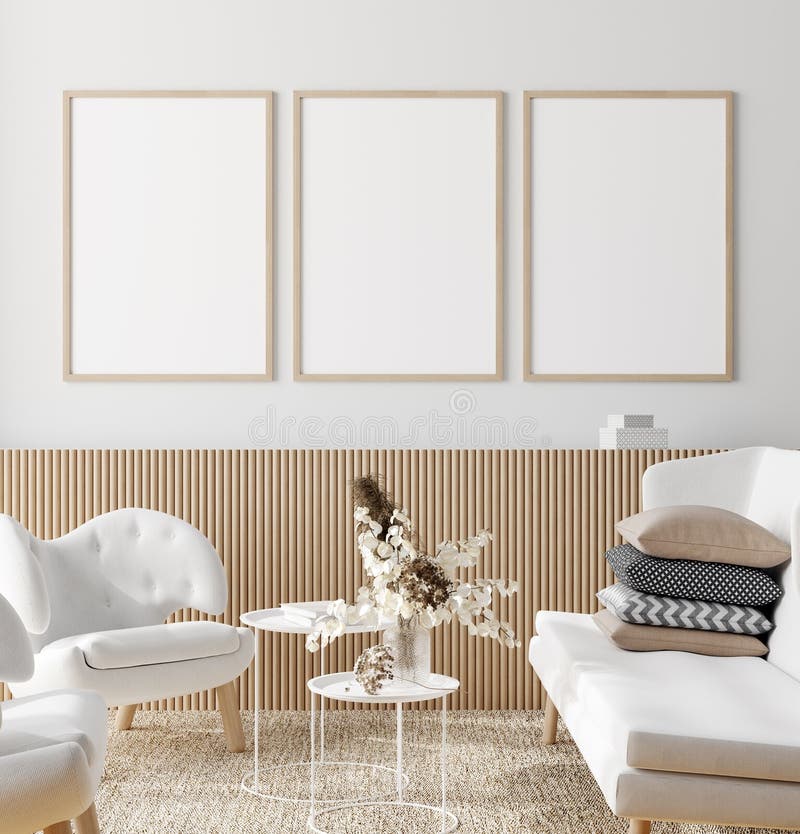 Mock up frame in home interior background, white room with natural wooden furniture, Scandi-Boho style, 3d render