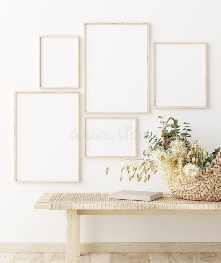 Mock up frame in home interior background, white room with natural wooden furniture, Scandi-Boho style, 3d render