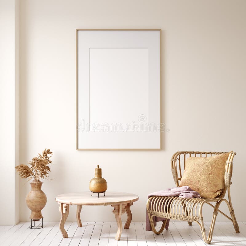 Mock up frame in home interior with rattan furniture, Scandi-boho style, 3d render