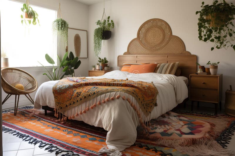 Mock up Frame im Schlafzimmer innen Hintergrund Weiße Zimmer mit natürlichen Holzmöbeln Skandi boho Stil. generative Hilfe stock abbildung