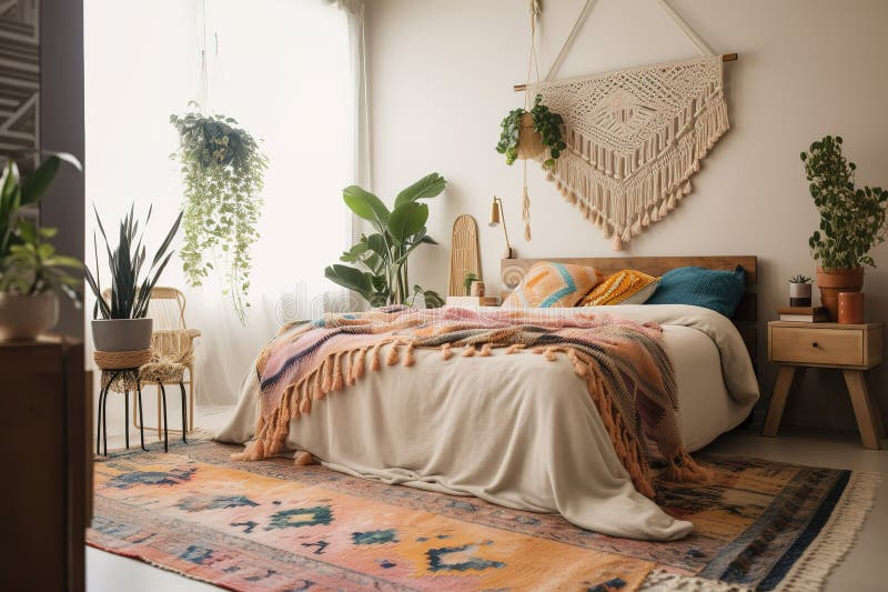 Mock up Frame im Schlafzimmer innen Hintergrund Weiße Zimmer mit natürlichen Holzmöbeln Skandi boho Stil. generative Hilfe lizenzfreie abbildung