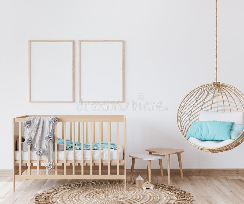 Mock up frame in nursery newborn bedroom, wooden crib in Scandinavian interior design