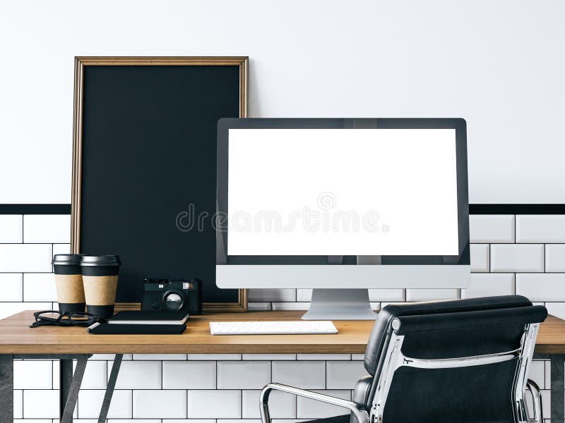 Mock up of generic computer. 3d rendering. Mock up of generic design computer screen and workspace