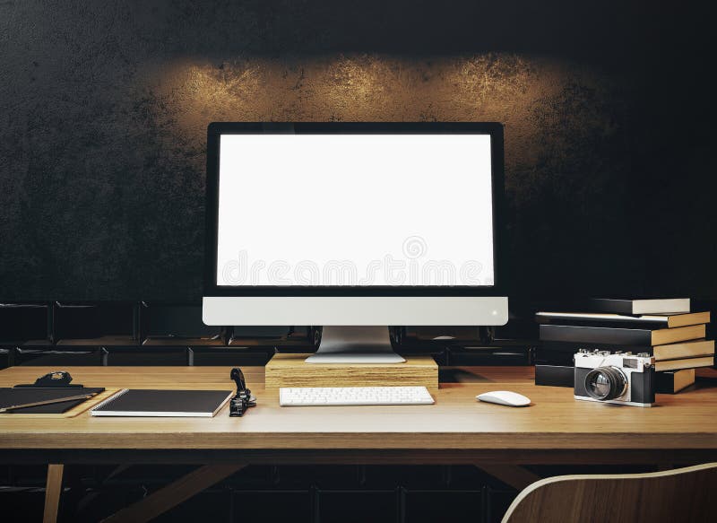 Mock up of generic design computer screen on the table. Workspace in the black loft. 3D rendering royalty free stock images
