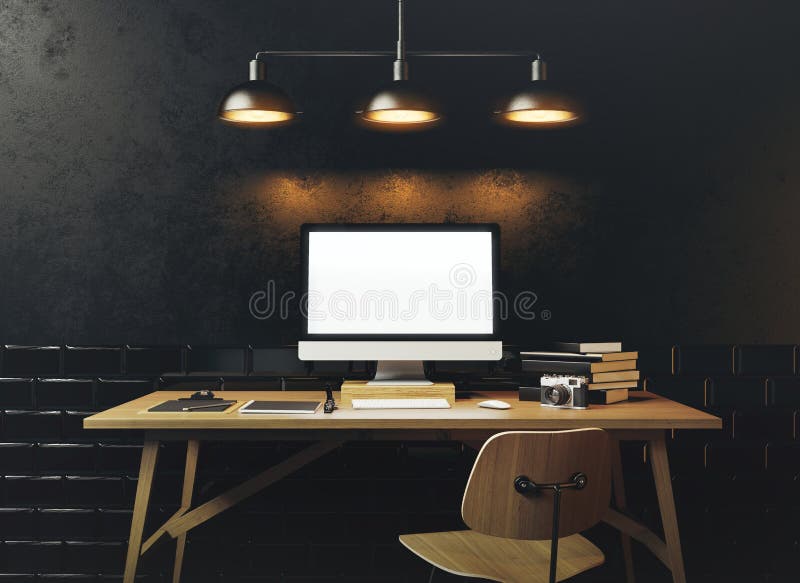 Mock up of generic design computer screen. Workspace in the black loft with vintage tiles on the wall. 3D rendering royalty free stock image