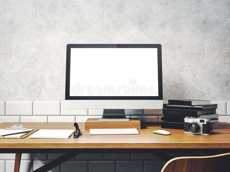 Mock up of generic design computer on the table. Workspace in th royalty free stock photo