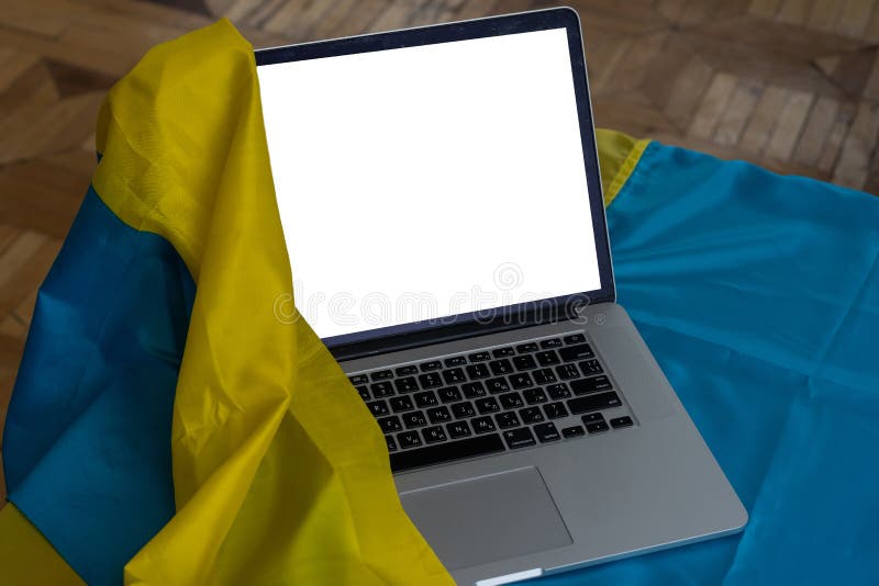 Mockup Laptop on Ukrainian Yellowblue Flag Background. Editorial Photo Image of technology