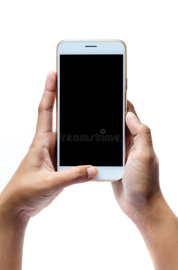 Mock up of a man holding device and touching screen. Clipping path White background Touch screen mobile phone, in hand royalty free stock photo Mock up of a man holding device and touching screen. Clipping path White background Touch screen mobile phone, in hand royalty free stock photo