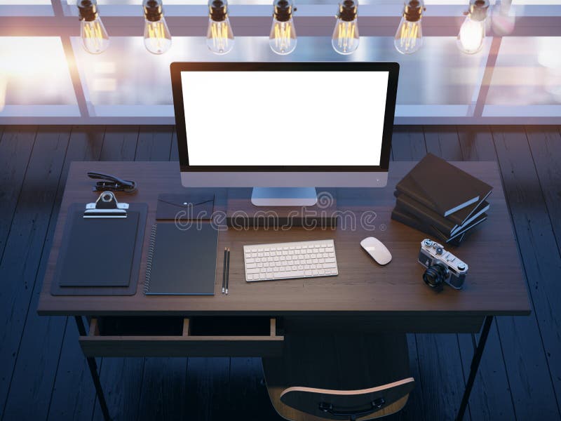 Mock up of modern workspace. 3D rendering stock illustration