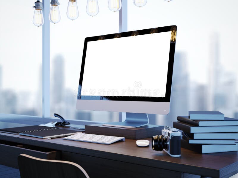 Mock up of modern workspace with panoramic windows stock images
