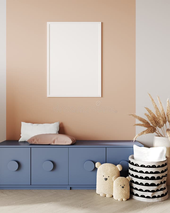 Mock up poster in children room background, pastel peach color room with toys, 3d render vector illustration