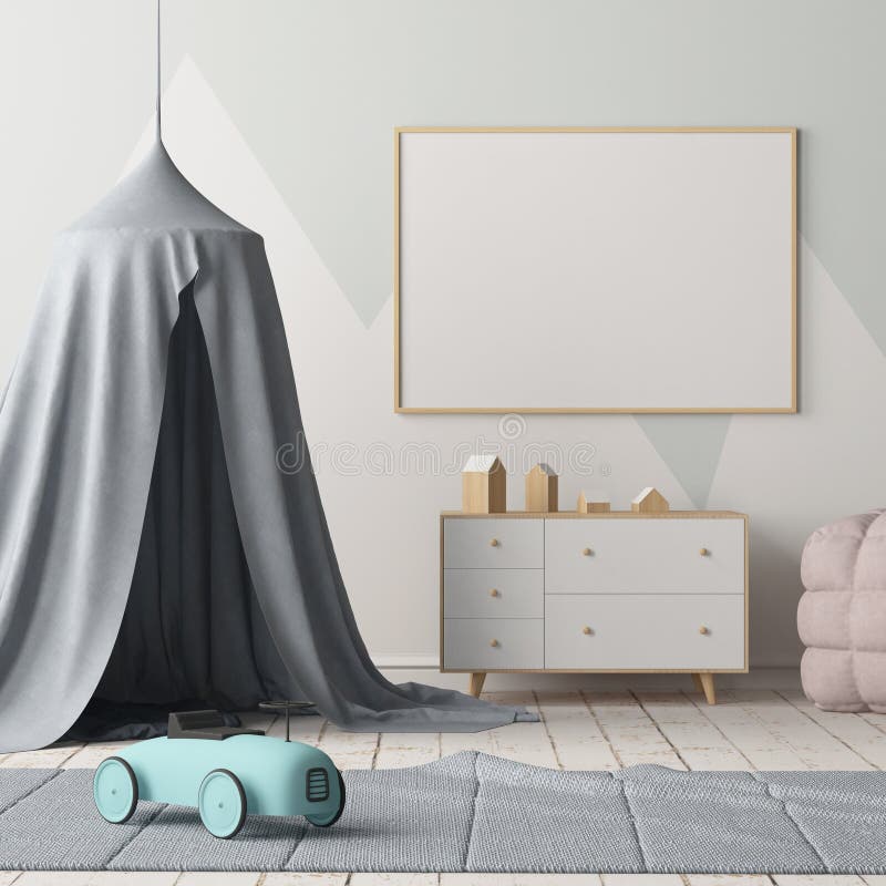 Mock up poster in the children`s bedroom with a canopy. Scandinavian style. 3d stock illustration Mock up poster in the children`s bedroom with a canopy. Scandinavian style. 3d stock illustration