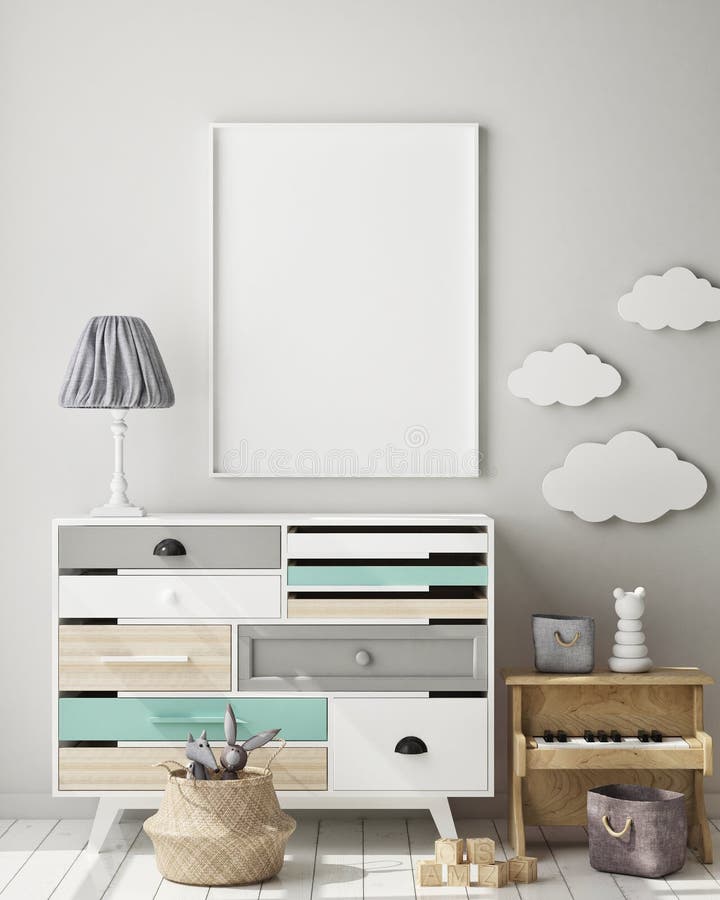 Mock up poster frame in children bedroom, Scandinavian style interior background, 3D render, 3D illustration