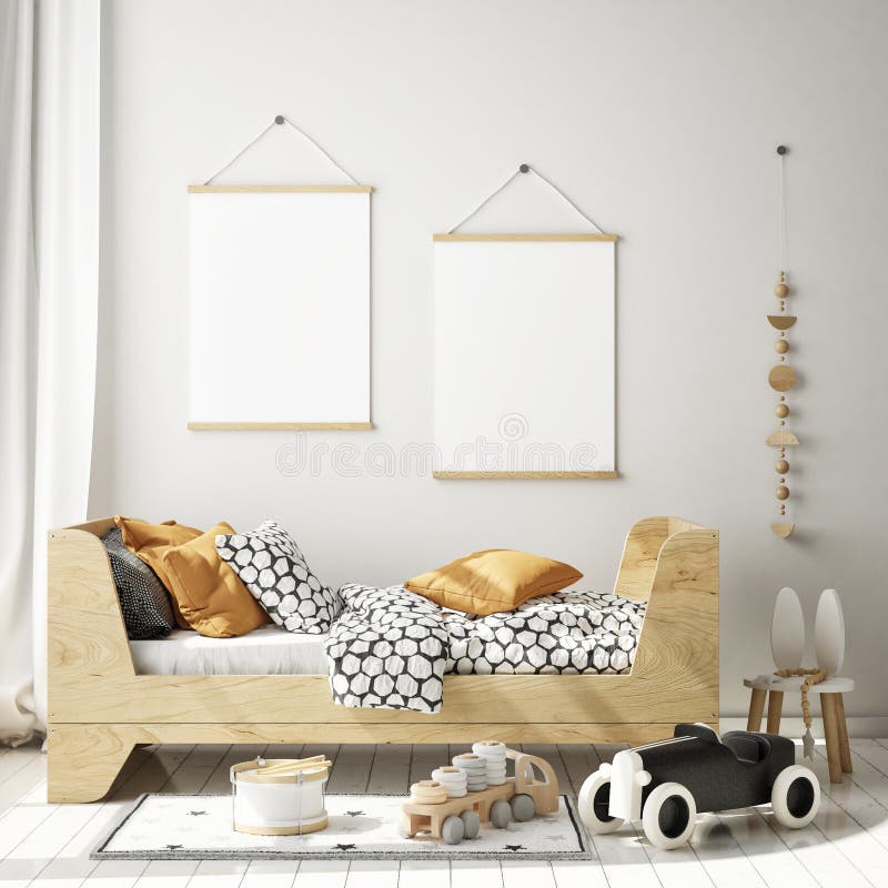Mock up poster frame in children bedroom, Scandinavian style interior background, 3D render, 3D illustration