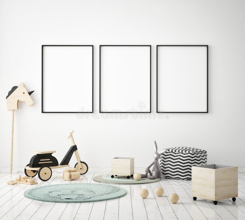 Mock up poster frame in children bedroom, scandinavian style interior background, 3D render