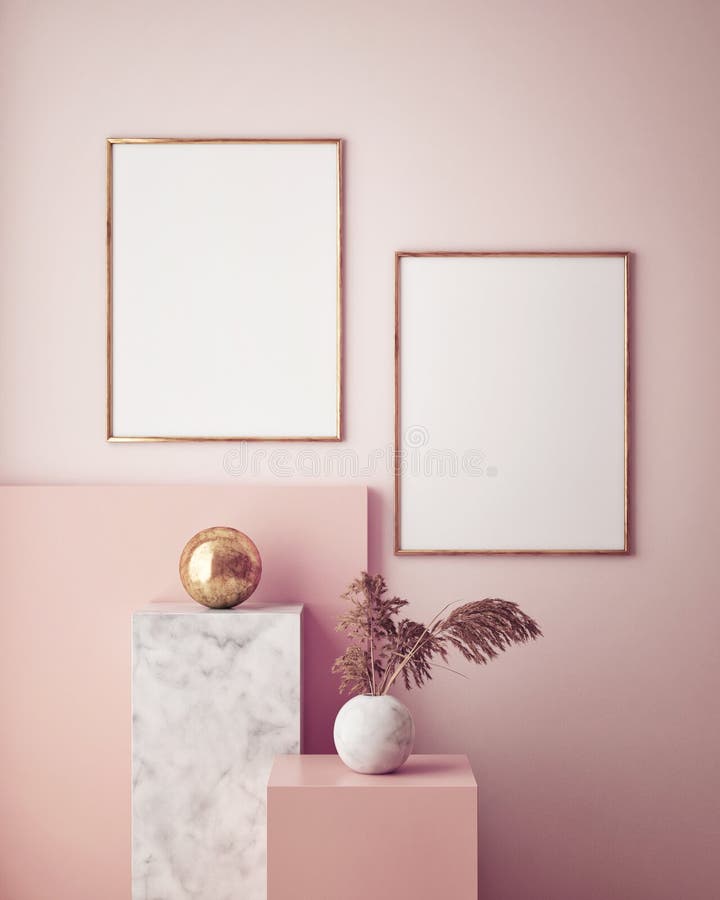 Mock up poster frame in geometric interior background, pastel colors, 3D render, 3D illustration