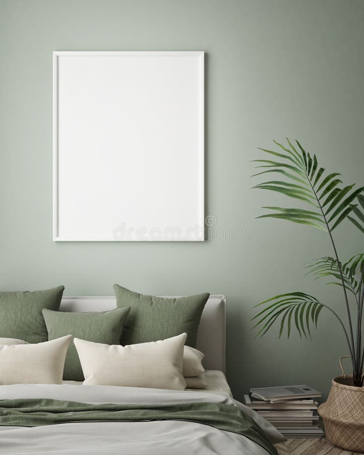 Mock up poster frame in hipster interior background, bedroom, Scandinavian style, 3D render, 3D illustration stock illustration