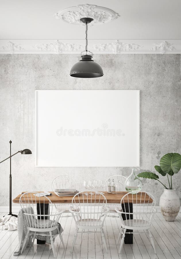 Mock up poster frame in hipster interior background, dining room, Scandinavian style, 3D render, 3D illustration