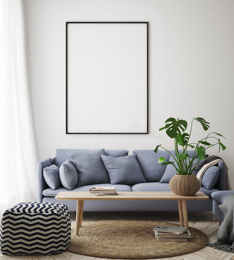 Mock up poster frame in hipster interior background, living room, Scandinavian style, 3D render, 3D illustration stock illustration Mock up poster frame in hipster interior background, living room, Scandinavian style, 3D render, 3D illustration stock illustration