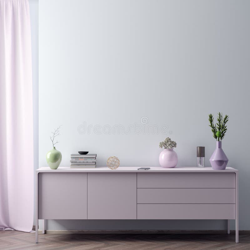 Mock up poster frame in hipster interior background in pink colors, Scandinavian style, 3D render, 3D illustration.