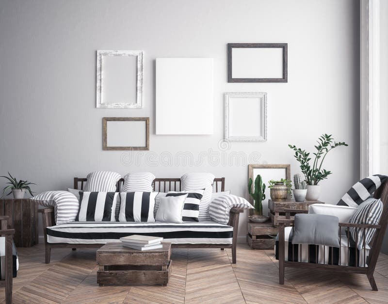 Mock up poster frame in hipster interior background, scandinavian style stock illustration Mock up poster frame in hipster interior background, scandinavian style stock illustration